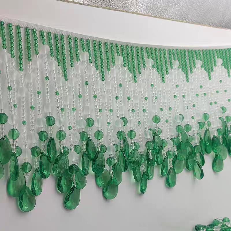 Handgemaakte franje van smaragdgroene kristallen kralen: decoratie voor lampenkap of jurk, 18 cm breed