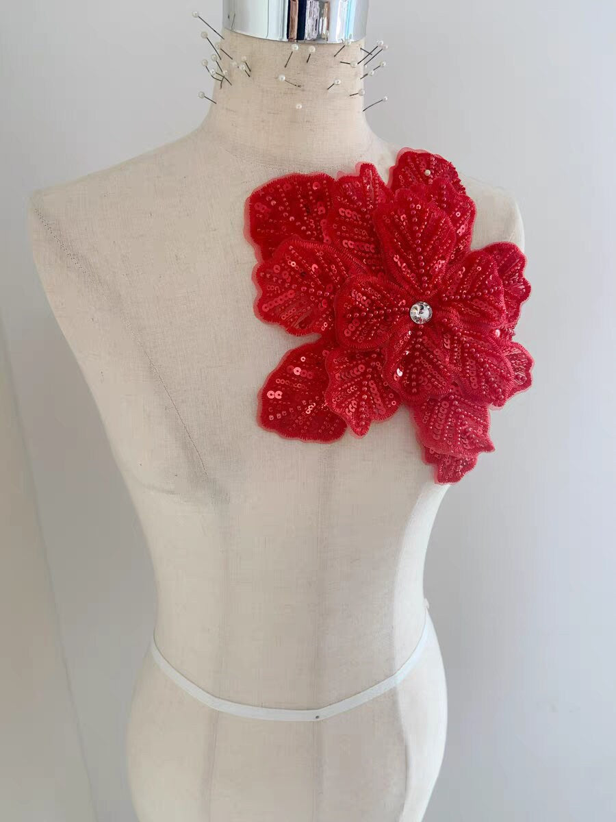Écussons perlés faits main, motif fleur, 23 cm, rouge, fournitures de couture pour robes de mariée et costumes (DIY)