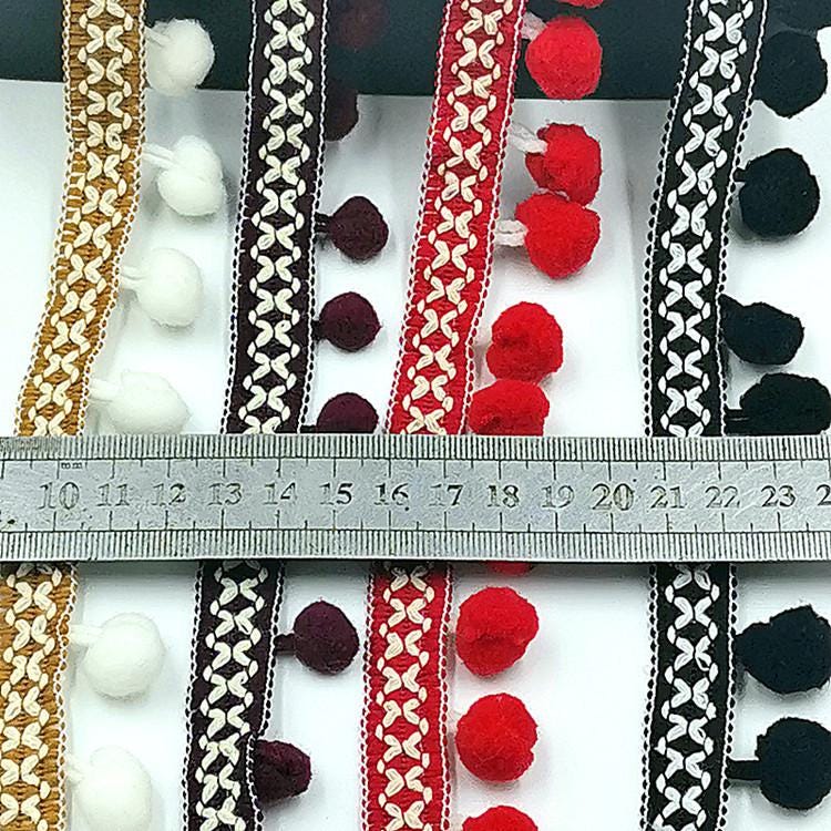 2yards 3cm wide Pom-pom Bead Fringe, Khaki, Plum, Red, Black, Pompom Bead Fringe, Dress Fashion DIY Supplie