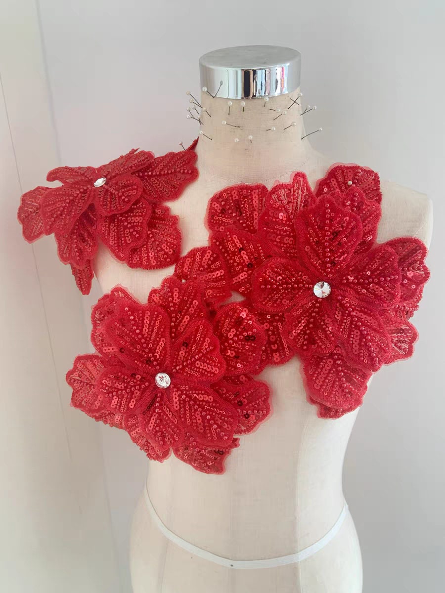 Écussons perlés faits main, motif fleur, 23 cm, rouge, fournitures de couture pour robes de mariée et costumes (DIY)