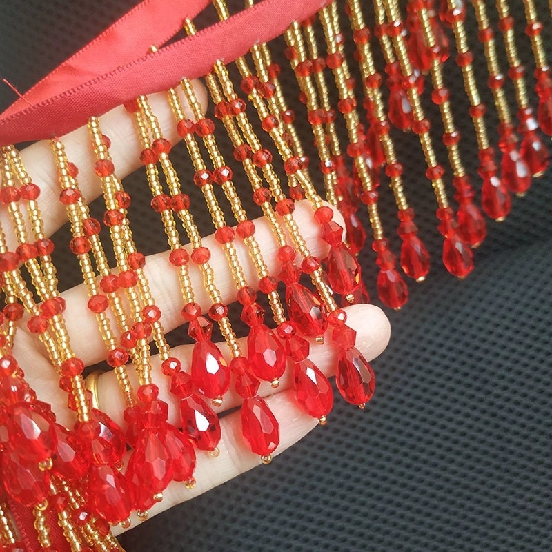 Frange en perles de cristal faites main, 90 cm de long et 8 cm de large, rouge/péridot/cristal, frange pour abat-jour, frange pour robe, frange de perles à coudre soi-même
