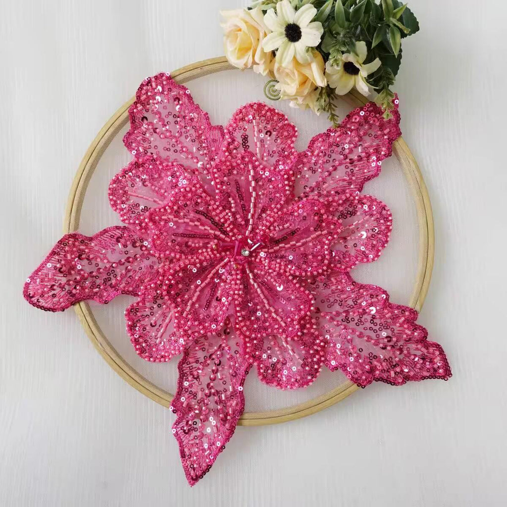 Handgemaakte kralen bloemenapplicatie met strass-steentjes en pailletten (29 cm)