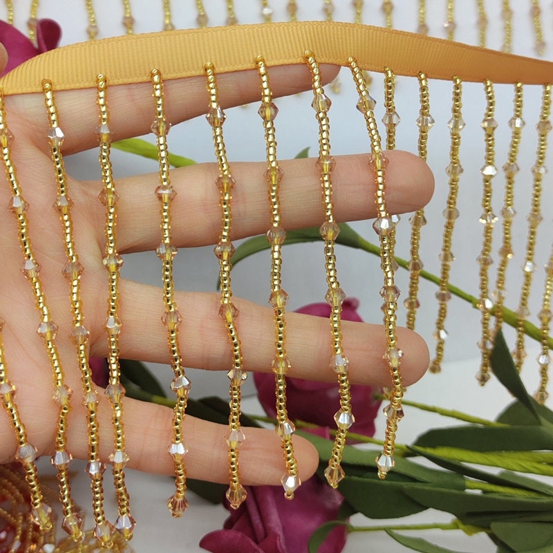 10 cm brede kralenfranje van kristallen en zaadkralen, goud, kristalhelder, zwart, rood, zwart, irisblauw, kralenfranje van kristallen kralen