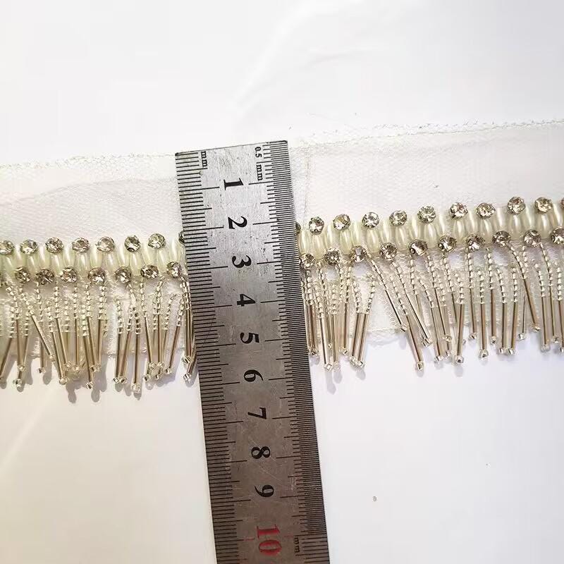 Handgemaakte kralenfranje: Goud, Zilver, Marineblauw, Rood - 90 cm