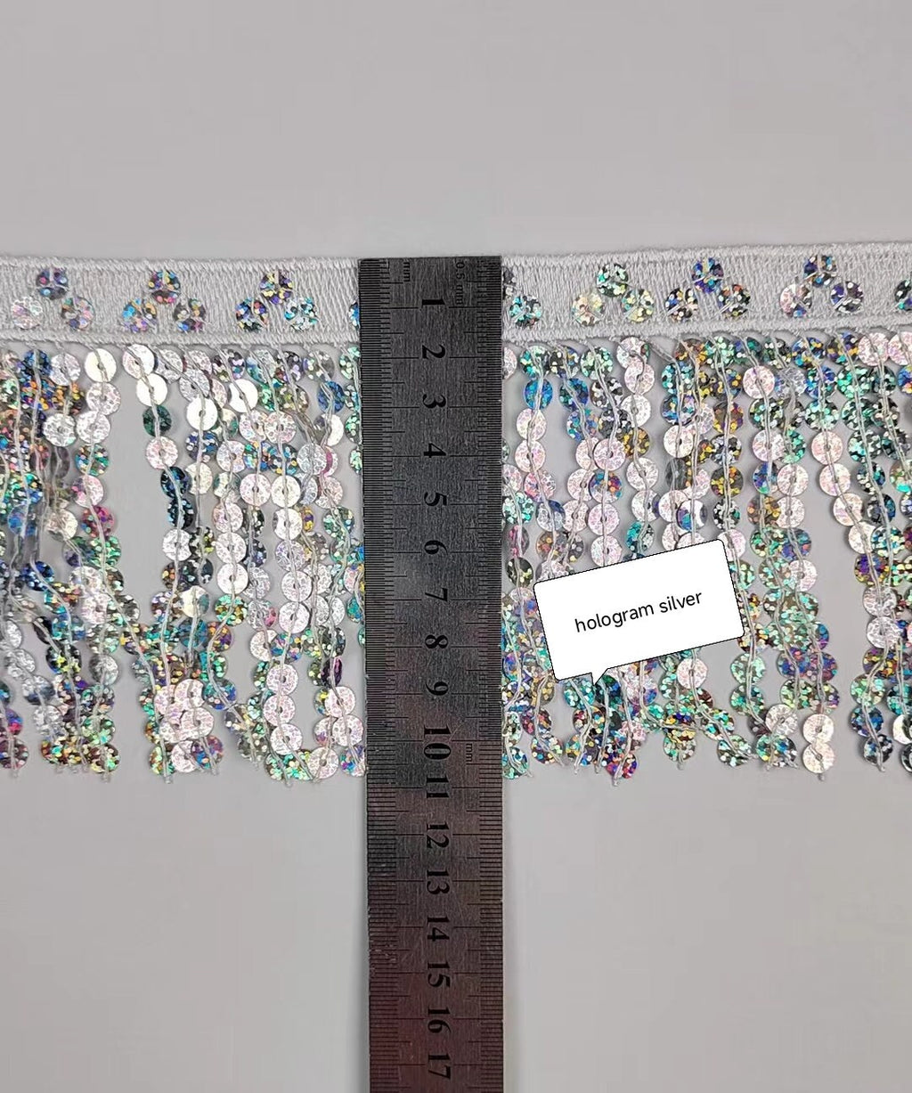 10 yards (ca. 9,4 cm) brede, dikke paillettenfranjes voor laarzen, paillettenkwastjes, glinsterende franjes, verkrijgbaar in verschillende kleuren, op maat gemaakte kleuren in kleine hoeveelheden.