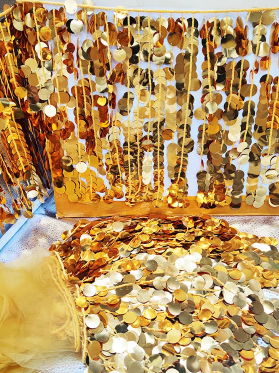 Paillettes perlées de 90 cm de long et 12 pouces de large, 18 mm, dorées et bleues.