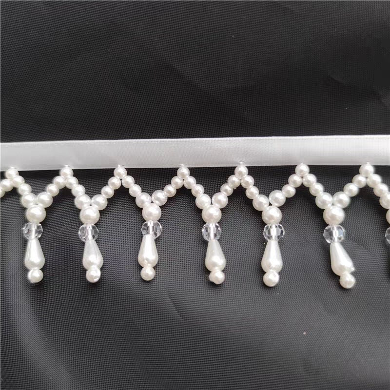 Handgemaakte kralenfranje van 90 cm lang en 4 cm breed, gemaakt van parels en kristallen, geschikt als lampenkapfranje, trouwjurkfranje of doe-het-zelf-franje.