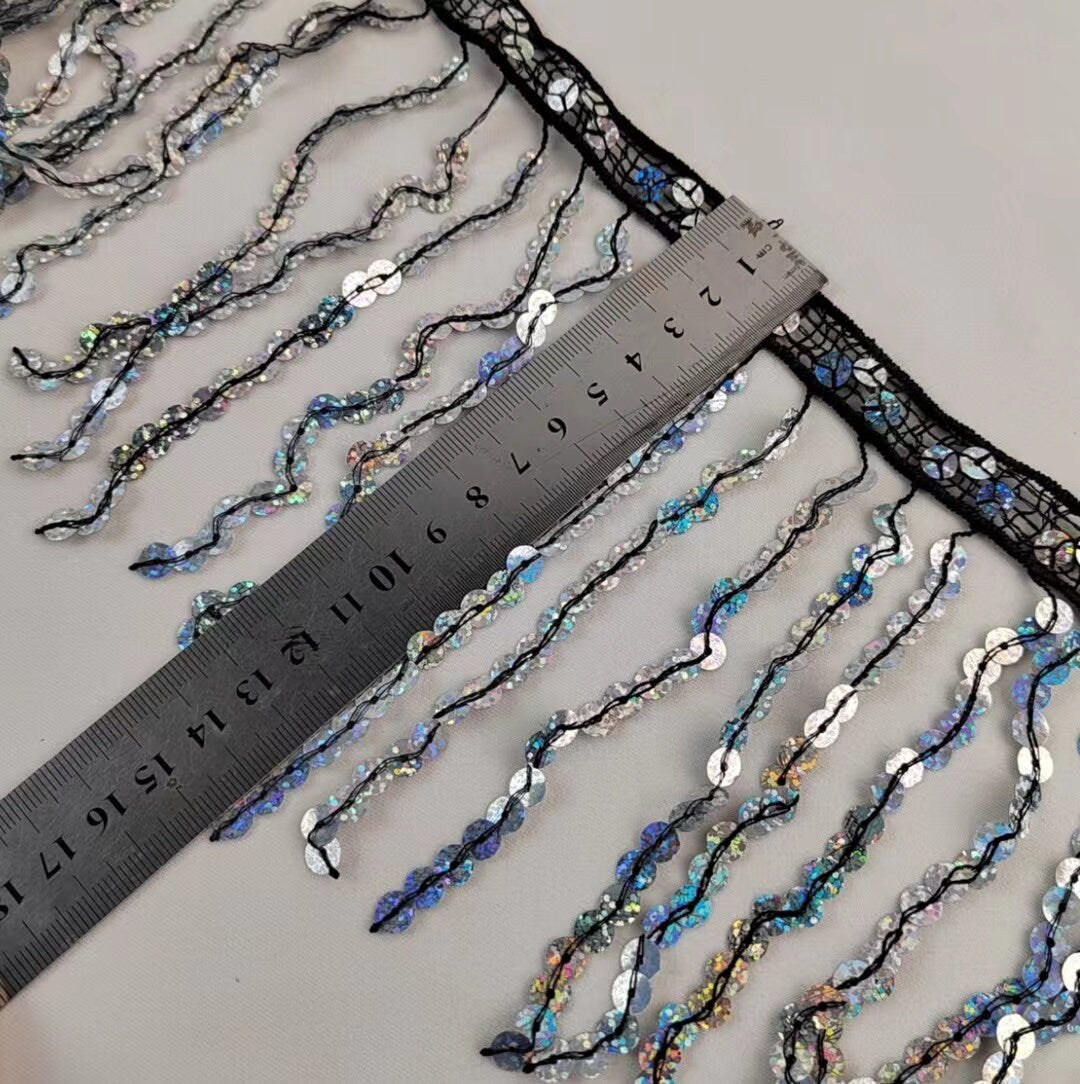 Franje met pailletten: 15 cm breed, 14 meter