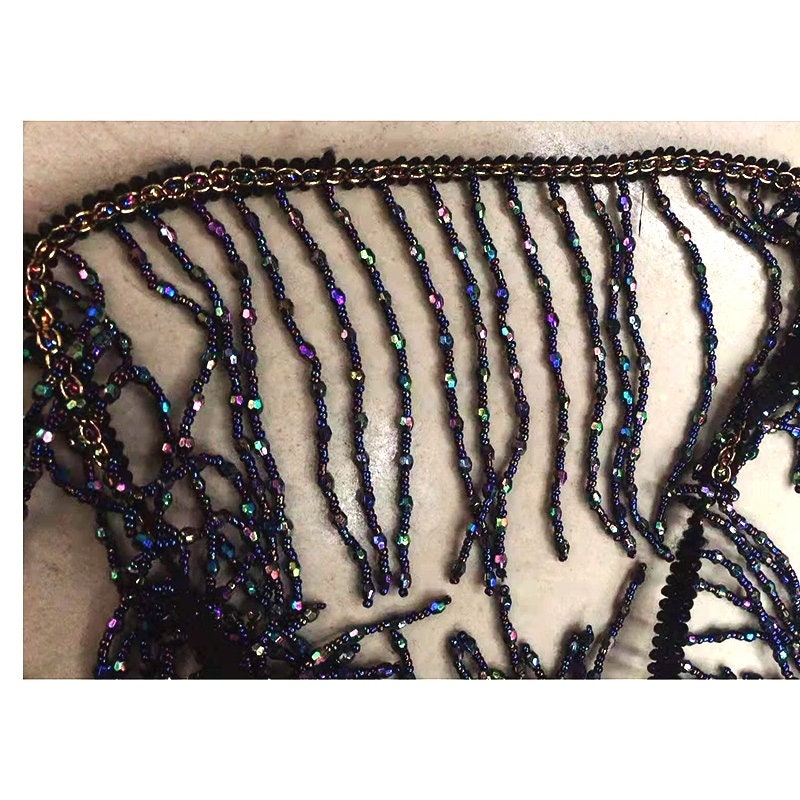 10 cm brede kralenfranje van kristallen en zaadkralen, goud, kristalhelder, zwart, rood, zwart, irisblauw, kralenfranje van kristallen kralen