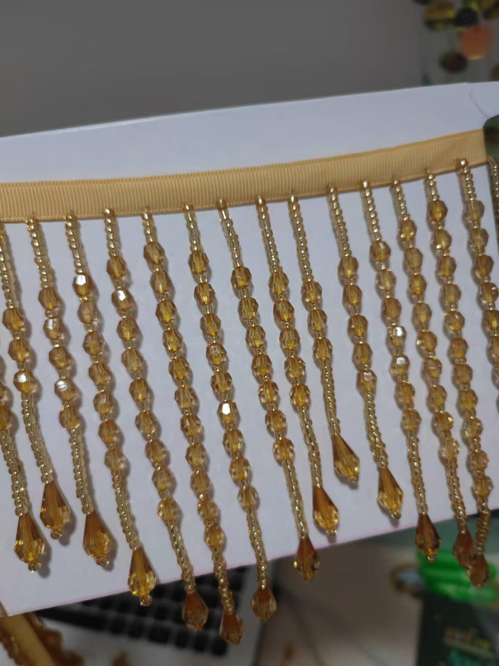 Frange perlée transparente Iris AB, frange perlée dorée : garniture pour cocktails et abat-jour (5 yards)