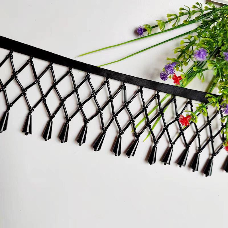 Frange perlée en filet de 6 cm de large, rose, turquoise, transparent, rouge, noir, vert, noir, perles de verre, perles de cristal, frange d'abat-jour perlée