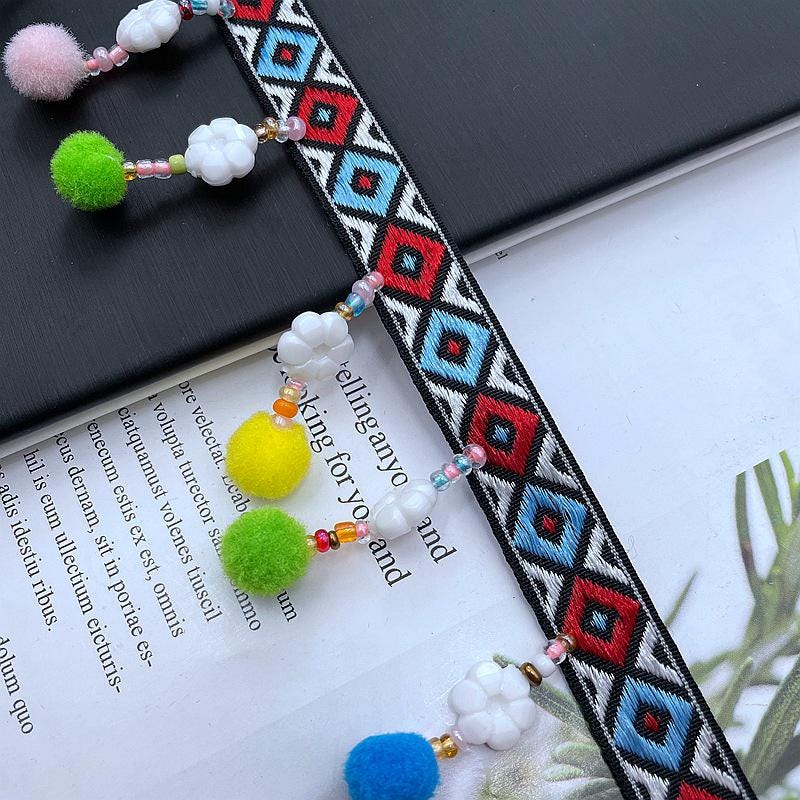 Bordure à pompons perlés faite à la main, bordure d'abat-jour colorée