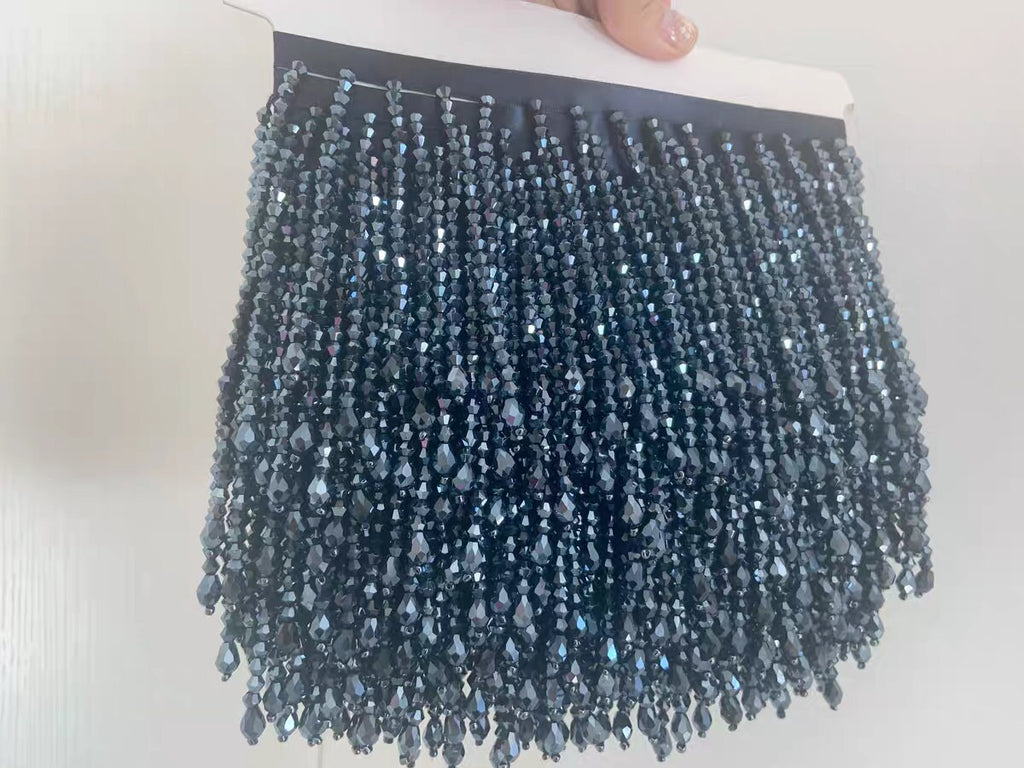 Handgemaakte kralenfranje van 90 cm lang en 3,6-4 inch breed met kristallen kralen, marineblauw, geschikt voor jurken, kostuums en schorten. Kleuren op maat gemaakt.