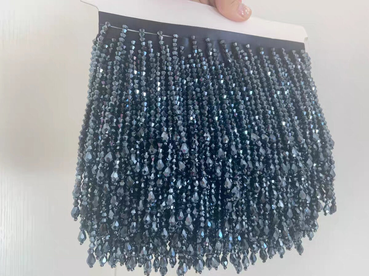 Handgemaakte kralenfranje van 90 cm lang en 3,6-4 inch breed met kristallen kralen, marineblauw, geschikt voor jurken, kostuums en schorten. Kleuren op maat gemaakt.