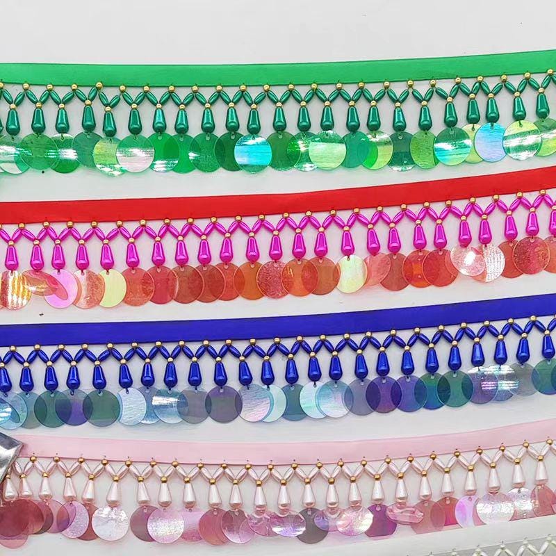 Frange perlée de 90 cm de long et 4 cm de large, ornée de perles et de sequins, rose, blanc, bleu, vert, noir, rouge, pour abat-jour.