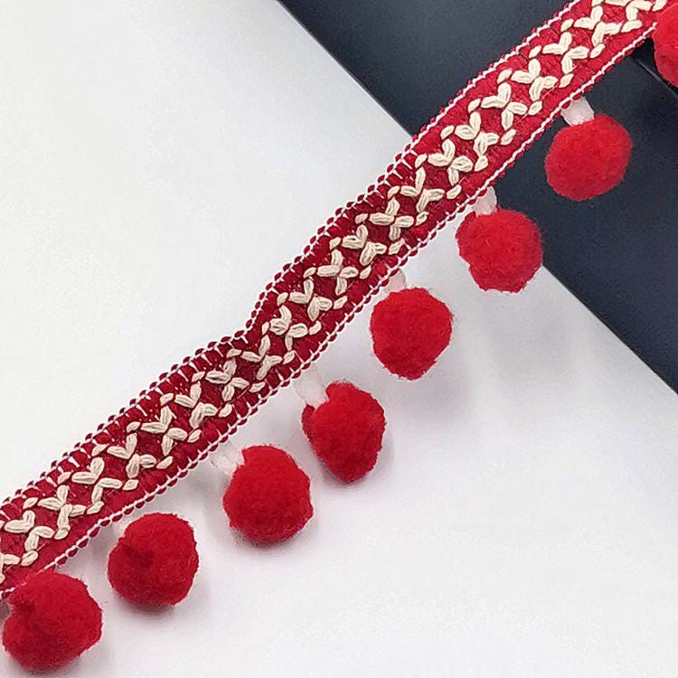 Frange à pompons de 2 yards (1,8 m) et 3 cm de large, kaki, prune, rouge, noir, pour la confection de robes et autres créations de mode.