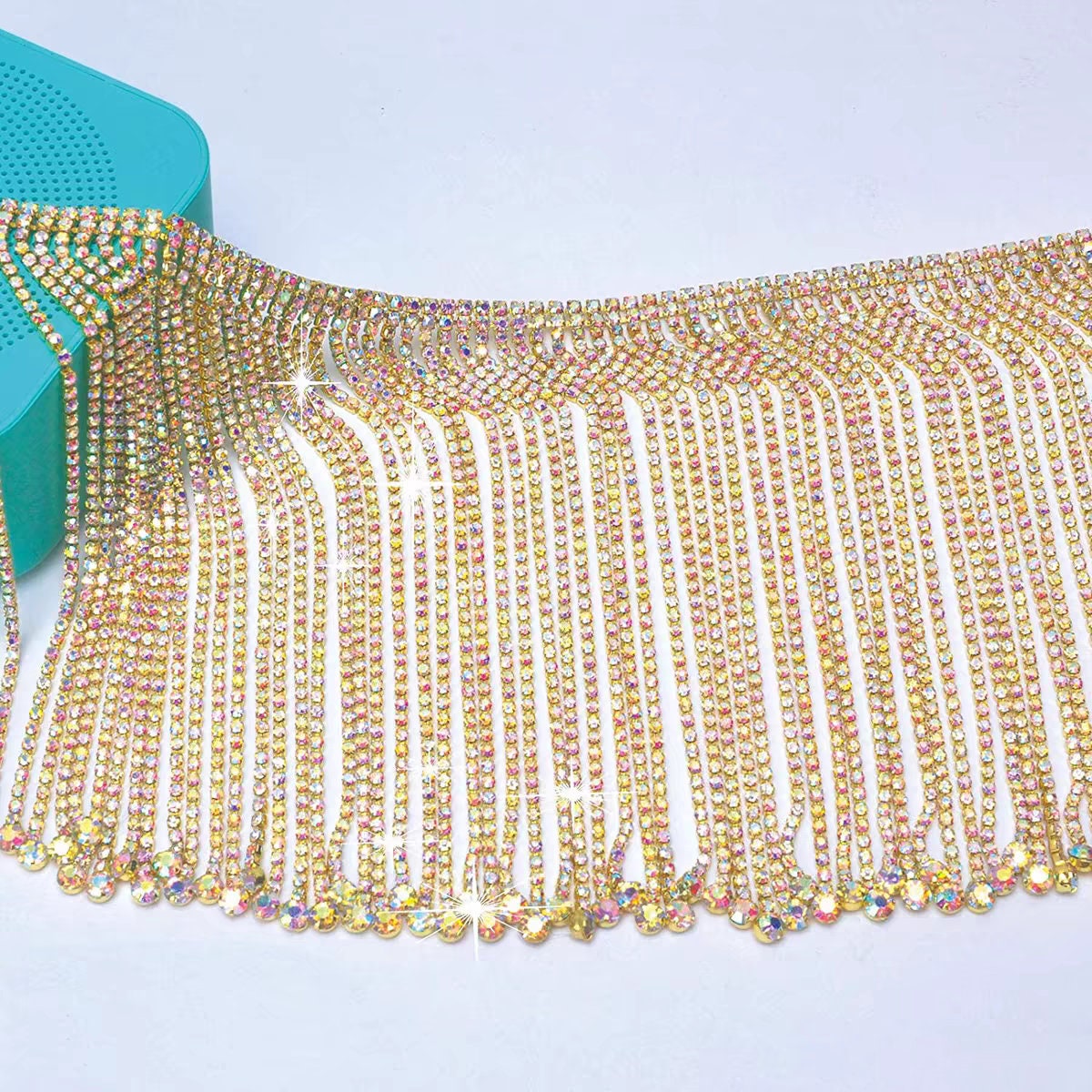 Glanzende franje van strasssteentjes, 20 cm lang en 14 cm breed, geschikt voor danskleding, trouwjurken, kostuums, doe-het-zelf naaibenodigdheden, goud, zilver