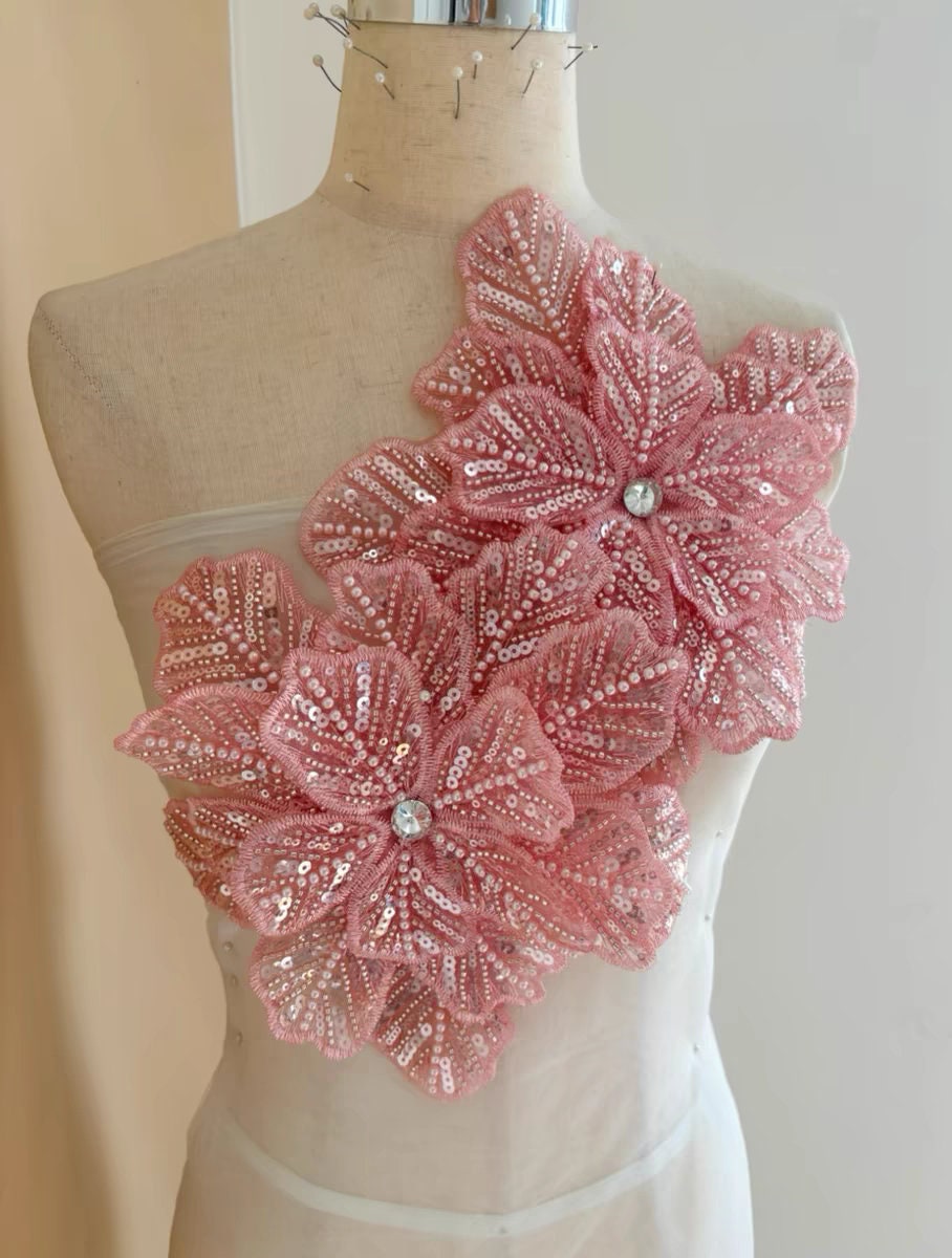 Écussons perlés faits main, motif fleur, 23 cm, rose, fournitures de couture pour robes de mariée et costumes (DIY)
