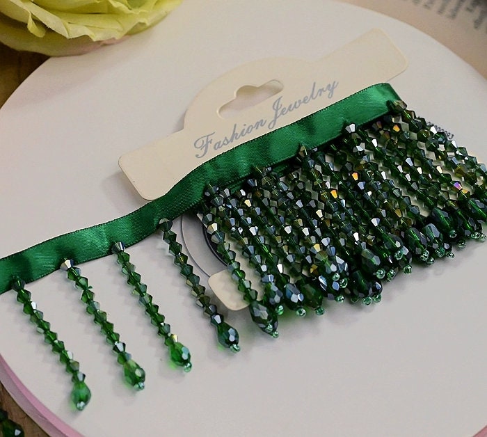 Handmade Crystal Beads Fringe: Green Dance Dress Costume Trim