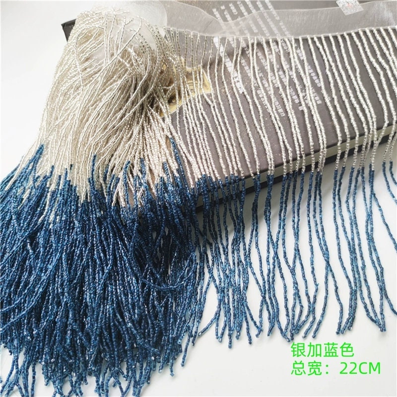 90cm Long 9 inch Wide Glass Beads Beaded 2-tone Beaded Fringe, IrisClearRed,SilverNavyBlue, ClearHotpink, SilverGreen,GreenBlack Bead Fringe