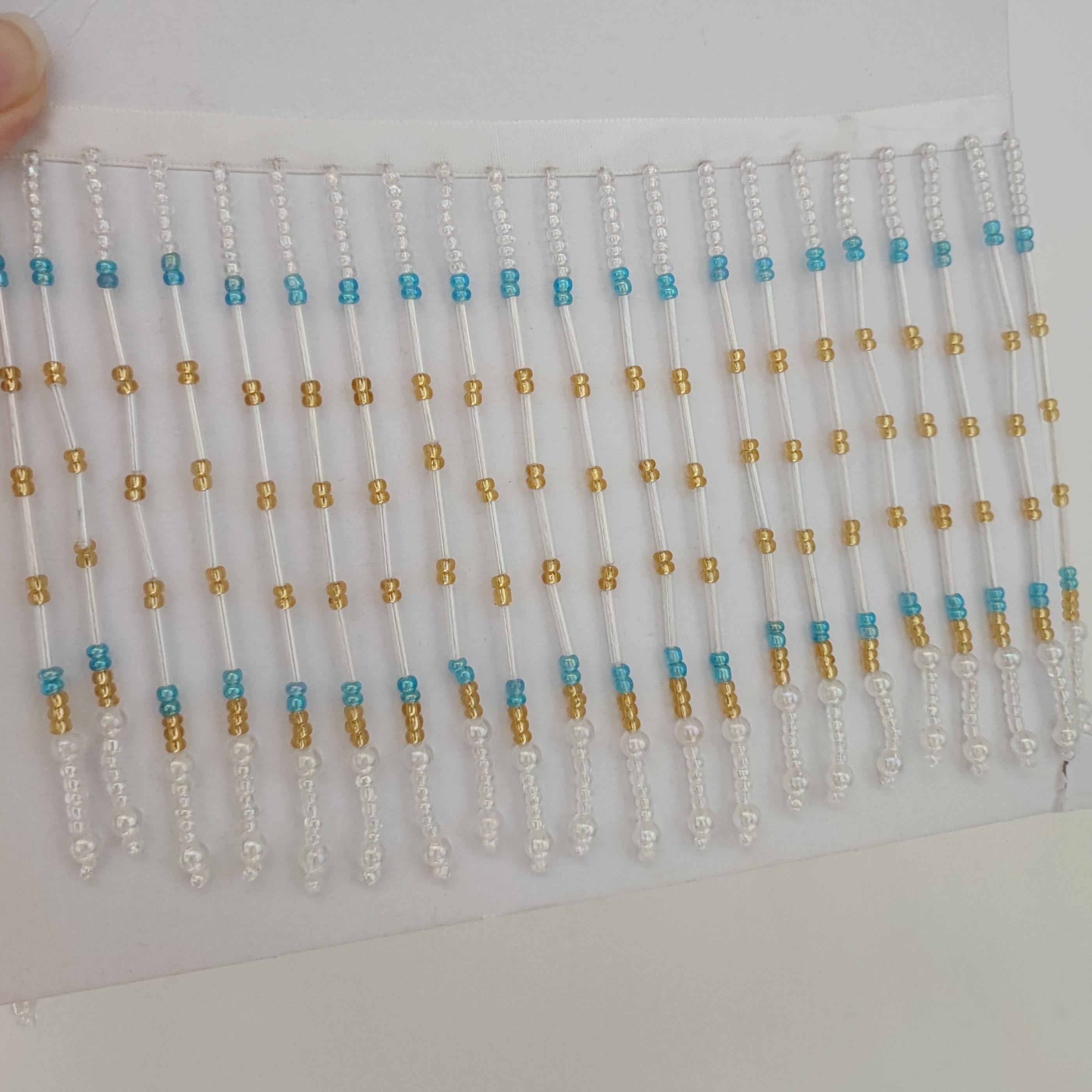 Handgemaakte lampenkapfranje van 90 cm lang en 11,5 cm breed met iriskralen in de kleuren helder, goud en turkooizen.