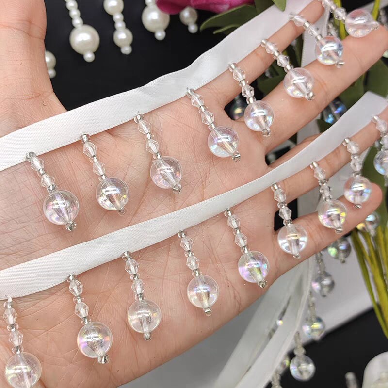 Frange faite main de 90 cm de long en perles de cristal et de nacre, pour abat-jour, robe ou rideau (à faire soi-même).