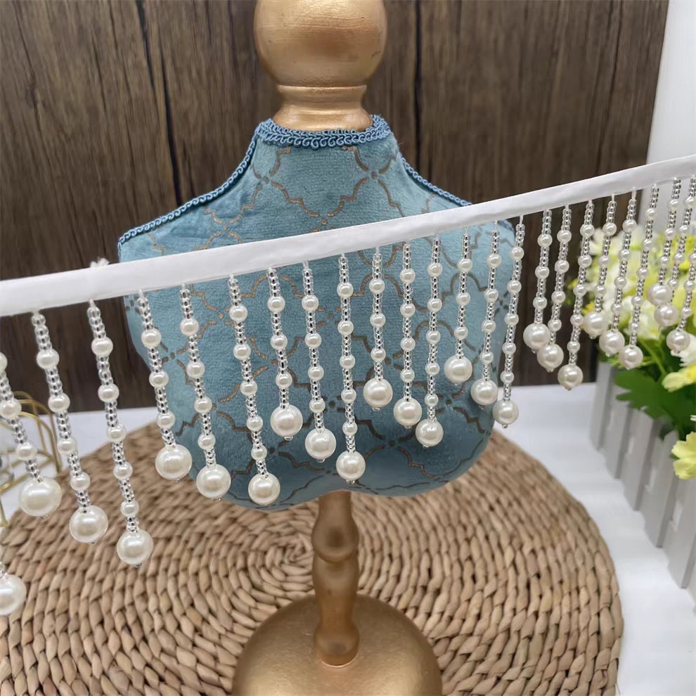 Frange perlée faite à la main : garniture pour robe de mariée à faire soi-même, décoration d’abat-jour (90 cm)