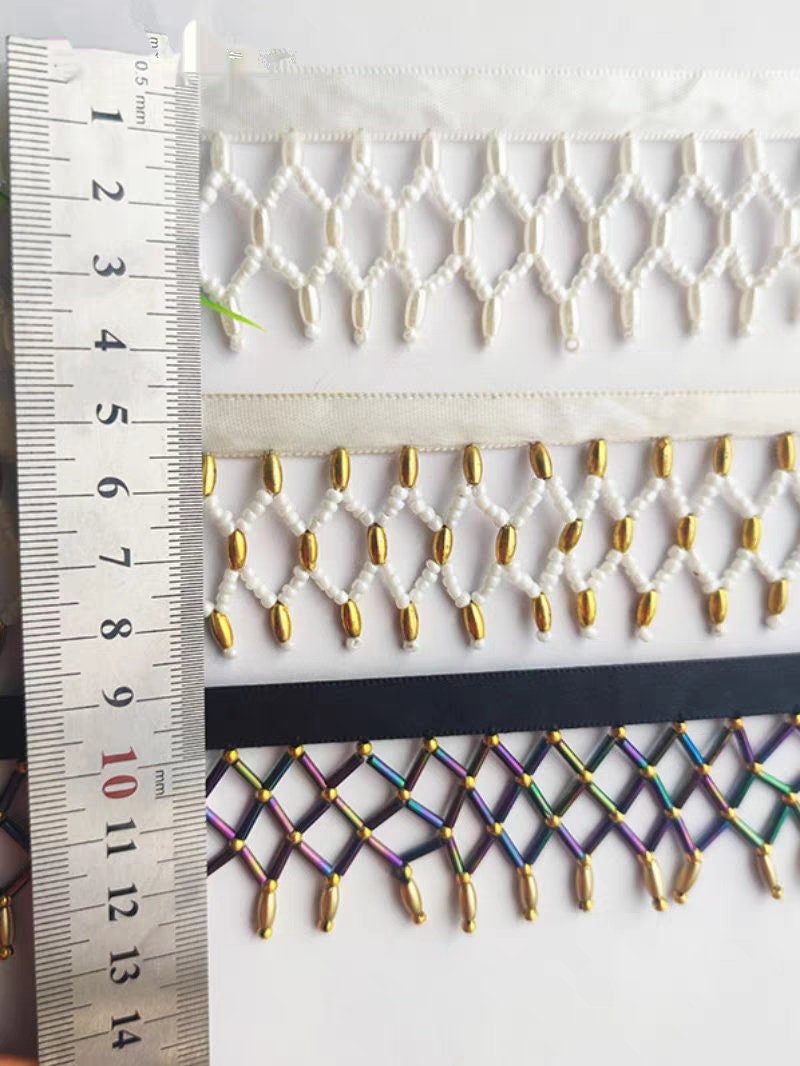 Handgemaakte franjes van kralennet, 90 cm lang en 3 cm breed, voor trouwjurken, danskleding en kostuums. Geschikt als versiering voor doe-het-zelf naaibenodigdheden.