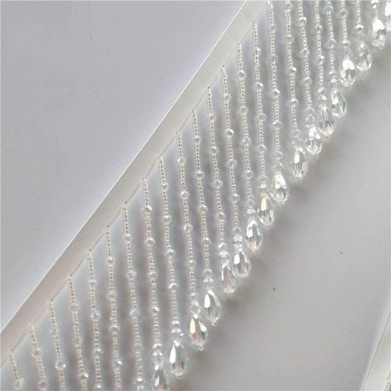 Frange en perles de cristal faites main, 90 cm de long et 8 cm de large, rouge/péridot/cristal, frange pour abat-jour, frange pour robe, frange de perles à coudre soi-même