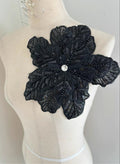 Écussons perlés faits main, motif floral, 23 cm, noirs, pour la confection de robes de mariée et autres costumes (accessoires de couture DIY).