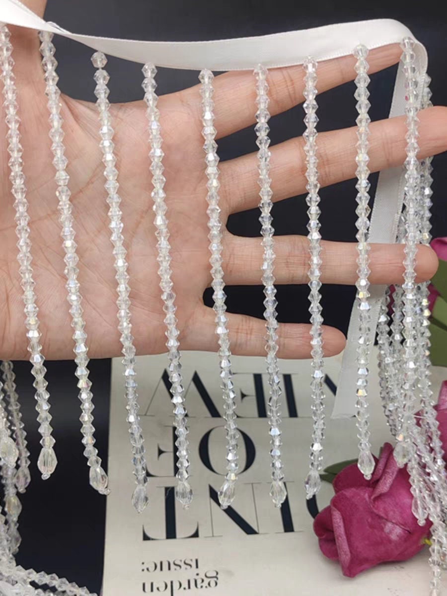 Frange en perles de cristal faites à la main : garniture transparente pour robe de mariée (15 cm/6 pouces)