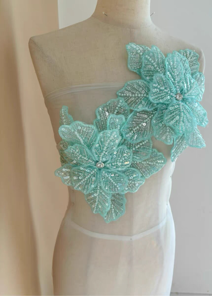 Écussons perlés faits main, motif floral, 23 cm, menthe, fournitures de couture pour robes de mariée et costumes (DIY)
