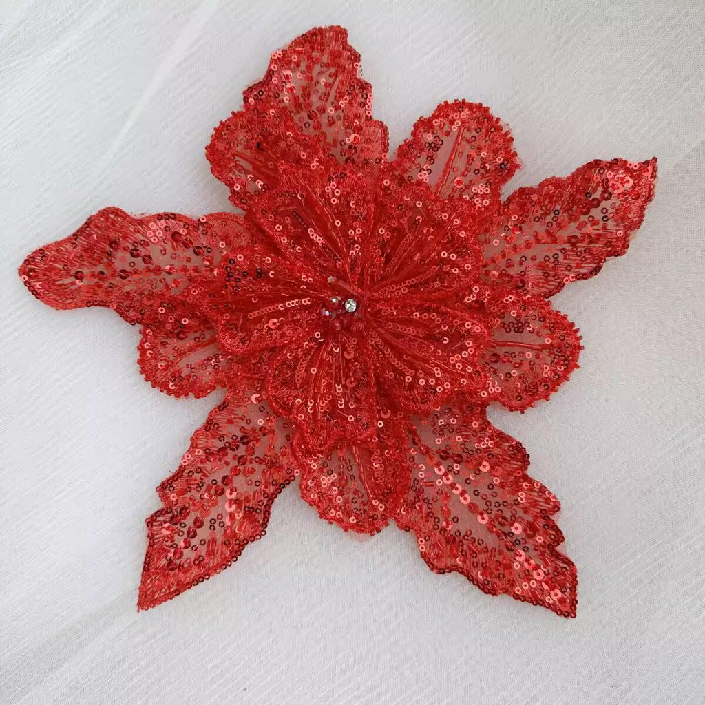 Handgemaakte kralen bloemenapplicatie met strass-steentjes en pailletten (29 cm)