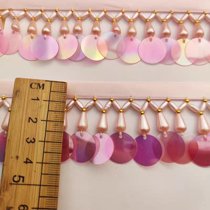 Frange perlée de 90 cm de long et 4 cm de large, ornée de perles et de sequins, rose, blanc, bleu, vert, noir, rouge, pour abat-jour.