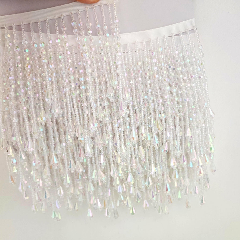 Franges perlées en perles acryliques à chevrons, 90 cm de long x 14 cm de large, pour robe, costume, rideau, abat-jour. Couleurs disponibles : AB transparent, or iris et couleurs personnalisées.