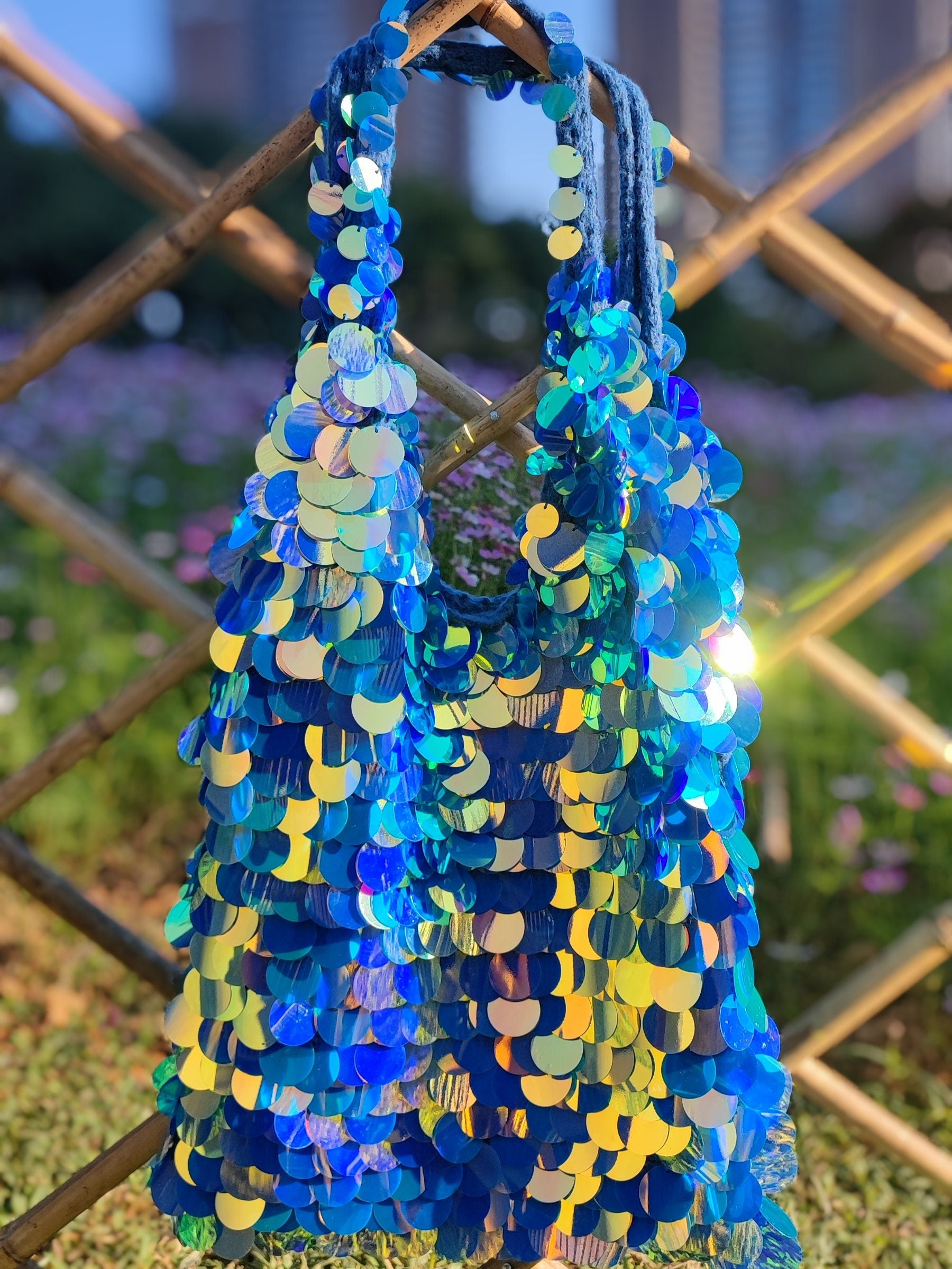 Handstitched Sequins Shoulder Bag Bling Sparkle Tote Bag Woman Gift Spring24 Fashion Bag, Ocean Moonlight