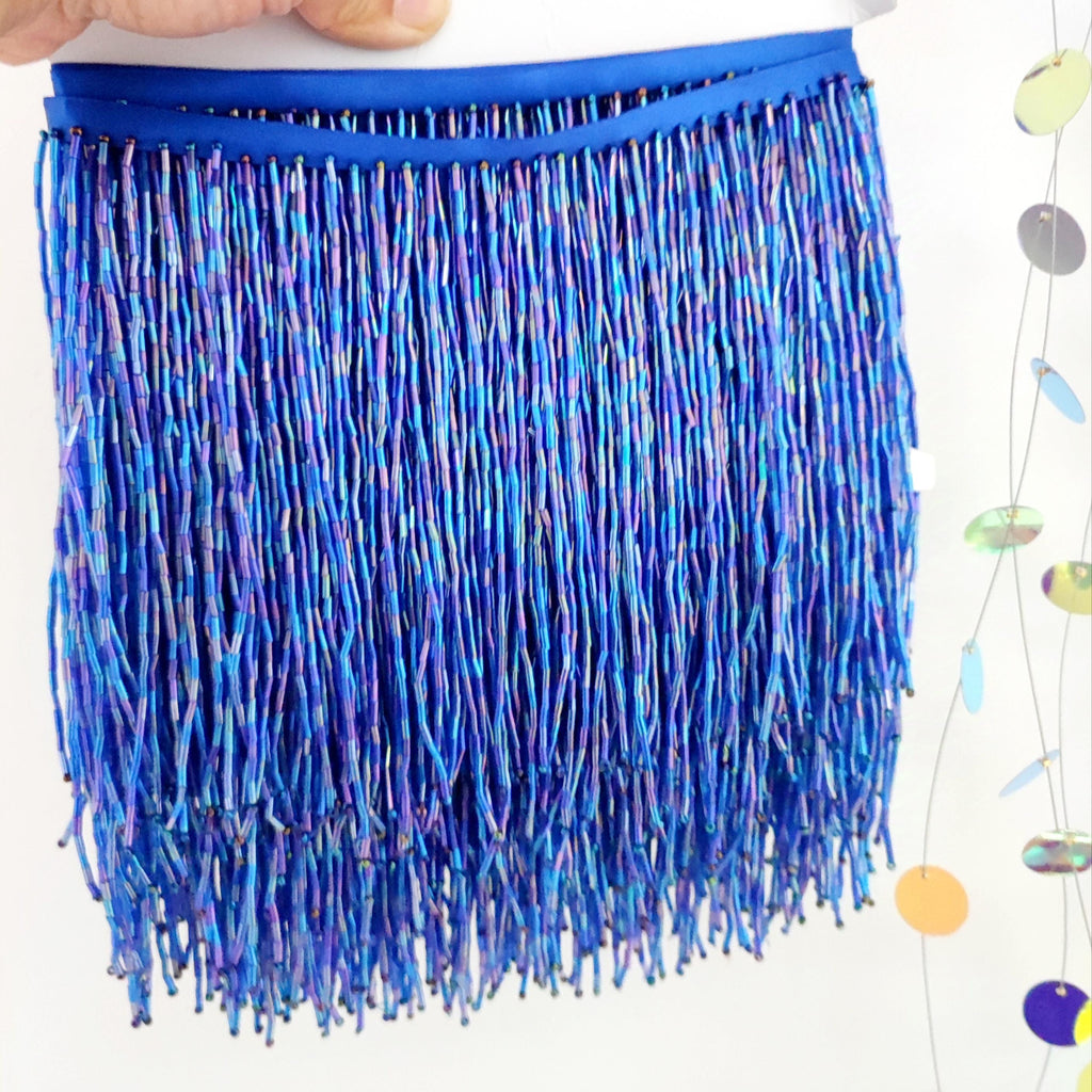 Handmade Iris Sapphire Bugle Bead Fringe: Couture Costume Tassel