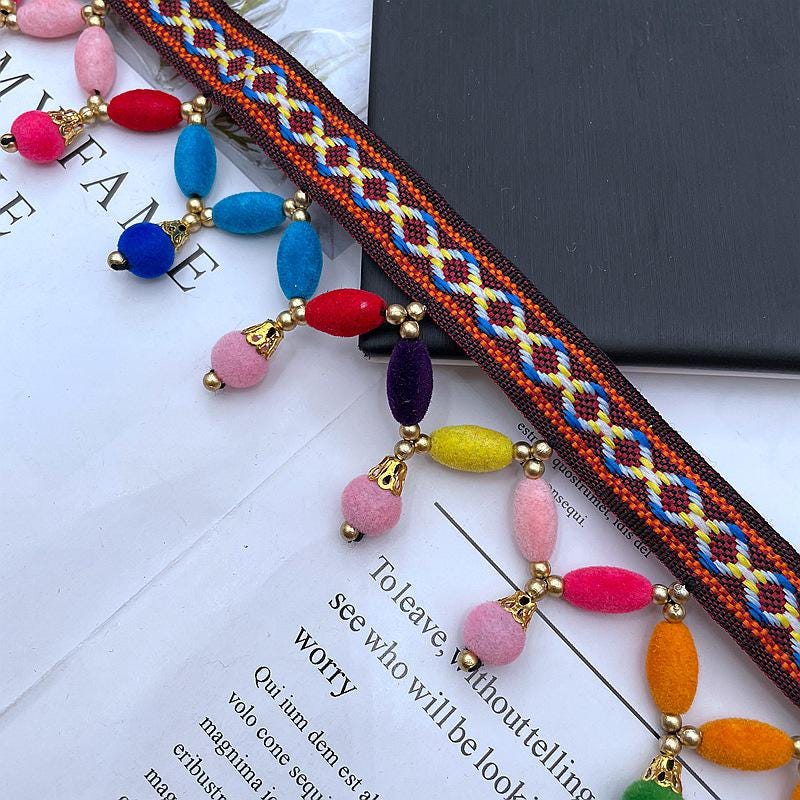 Bordure à pompons perlés faite à la main, bordure d'abat-jour colorée