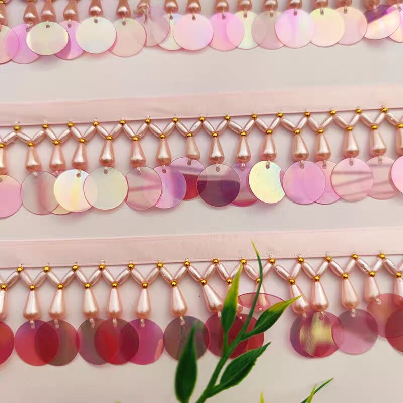 90cm Long 4cm Wide Pearl Beads and Sequins Beaded Fringe, Pink, White, Blue, Green, Black, Red, Pearl Beads Beaded Fringe, Lampshade Fringe