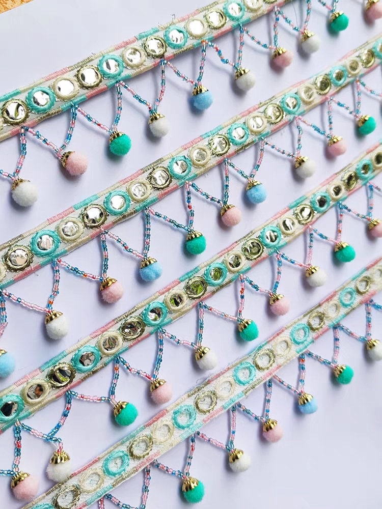 Franges à pompons et perles faites main (91 cm de long, 5 cm de large), abat-jour, robe à franges, à coudre soi-même.