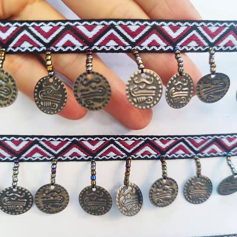 Handgemaakte franje van 90 cm lange antieke goud/bronskleurige metallic pailletten.