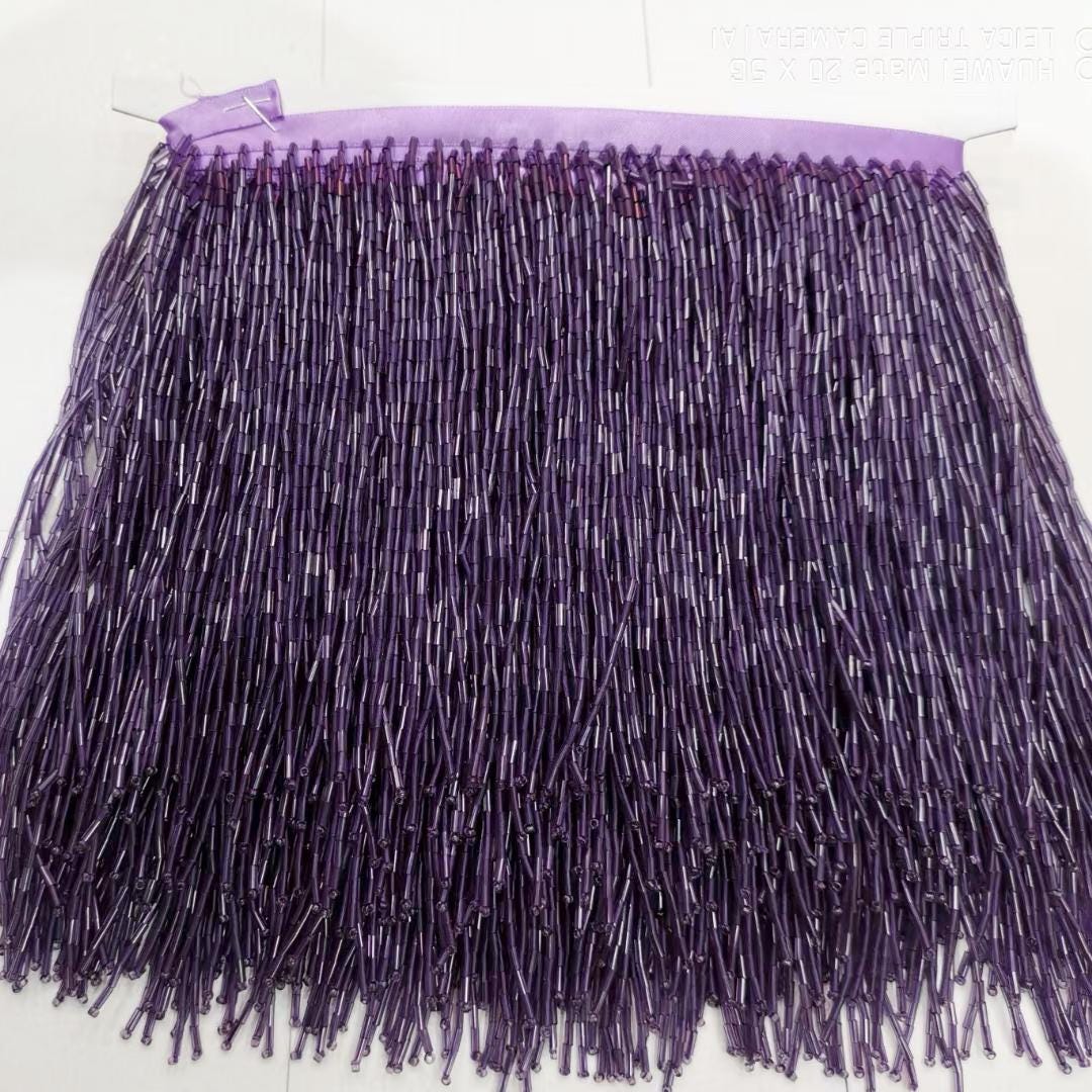 20 cm brede franje van allemaal bugelkralen, zilver, goud, blauw, rood, roze, paars, groen, lampenkap, jurk, kostuum, haute couture franje, op maat gemaakt