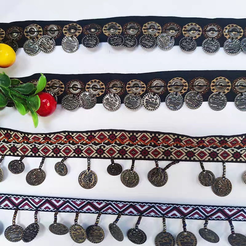 Bordure à franges en sequins métalliques or antique/bronze, faite à la main, de 90 cm de long