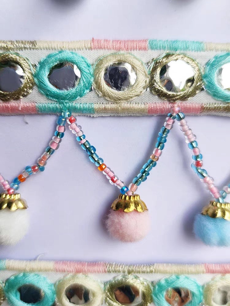 Franges à pompons et perles faites main (91 cm de long, 5 cm de large), abat-jour, robe à franges, à coudre soi-même.