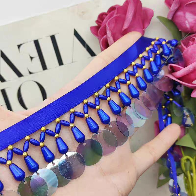 Frange perlée de 90 cm de long et 4 cm de large, ornée de perles et de sequins, rose, blanc, bleu, vert, noir, rouge, pour abat-jour.