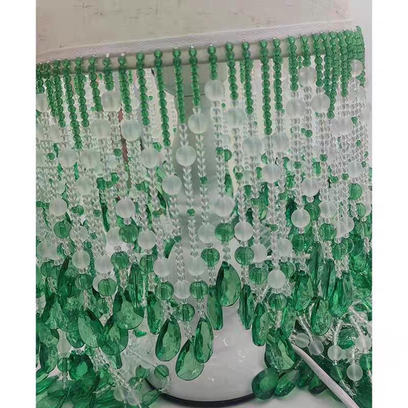 Handgemaakte franje van smaragdgroene kristallen kralen: decoratie voor lampenkap of jurk, 18 cm breed