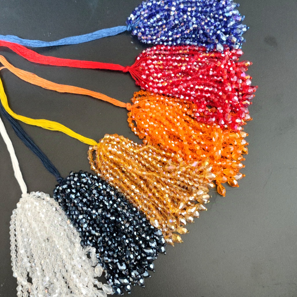 Koningsblauwe kristallen kralen franjes: haute couture kostuumversiering