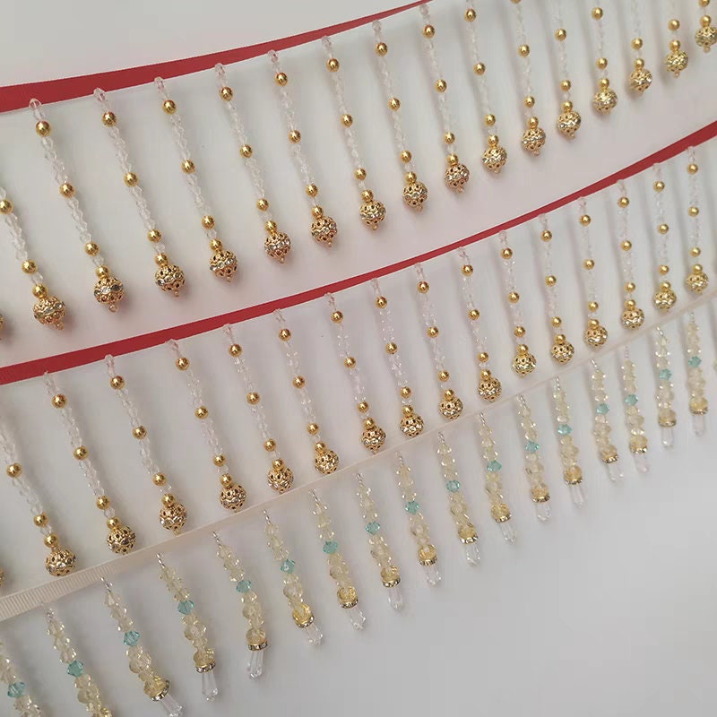 Handgemaakte franje van strass-steentjes en kristallen kralen, 90 cm lang en 8 cm breed, geschikt als lampenkapfranje, franje voor jurken, gordijnen of andere doe-het-zelfprojecten.
