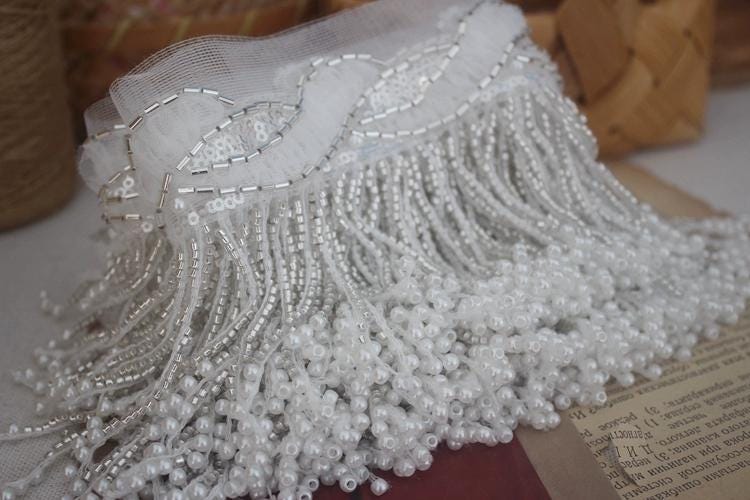 White Lace Beaded Fringe: Wedding Dress Couture Trim (10yards)