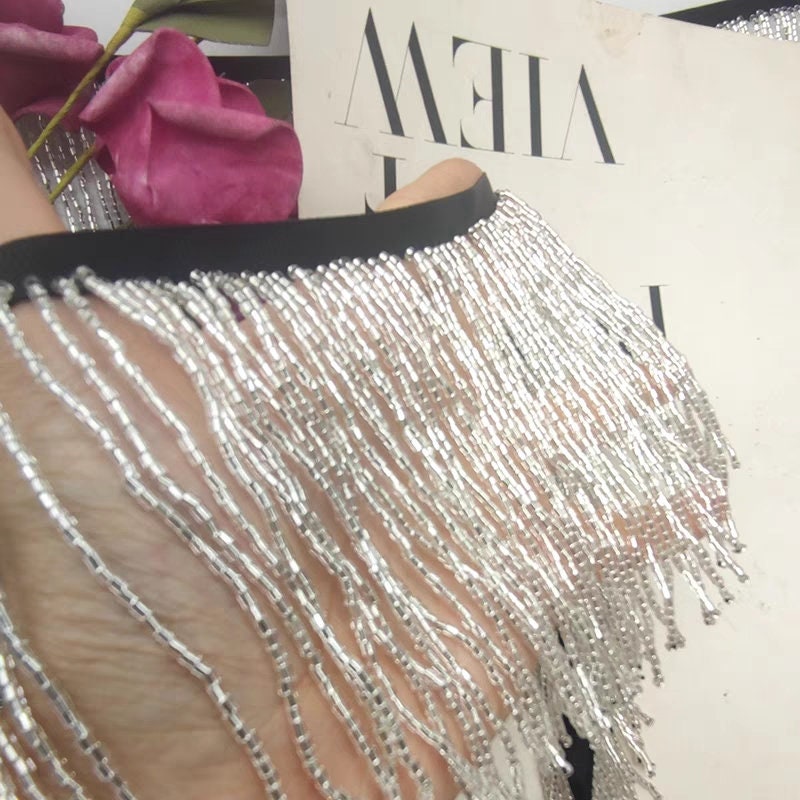 Handmade 90cm Long 10cm Wide Very Thick Shiny Silver Beads Beaded Fringe